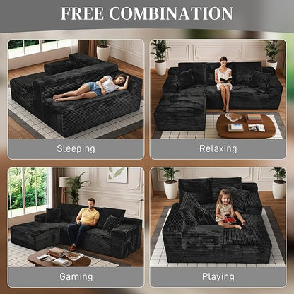 Modular Sectional Sofa Cloud Sectional Couch, 107" Comfy Fluffy L Shaped Light Black Couches for Living Room, Deep Seat Memory Foam Corduroy Boneless Couch Sectionals with Right Facing Chaise Sofa