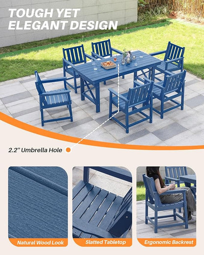 7 Pieces HDPE Outdoor Dining Set, Patio Dining Set with Umbrella Hole, All Weather Outdoor Dining Table Sets for 6, HDPE Patio Furniture Sets for Deck, Backyard, Lawn, and Poolside, Navy