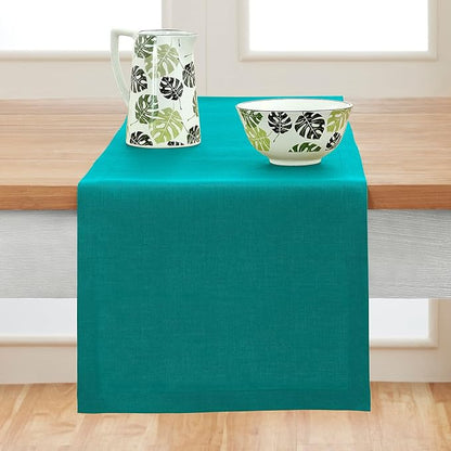 Solino Home Linen Teal Table Runner 90 Inches Long - 100% Pure Linen 14 x 90 Inch Table Runner for Dining, Fall, Autumn - Fete, Handcrafted and Machine Washable