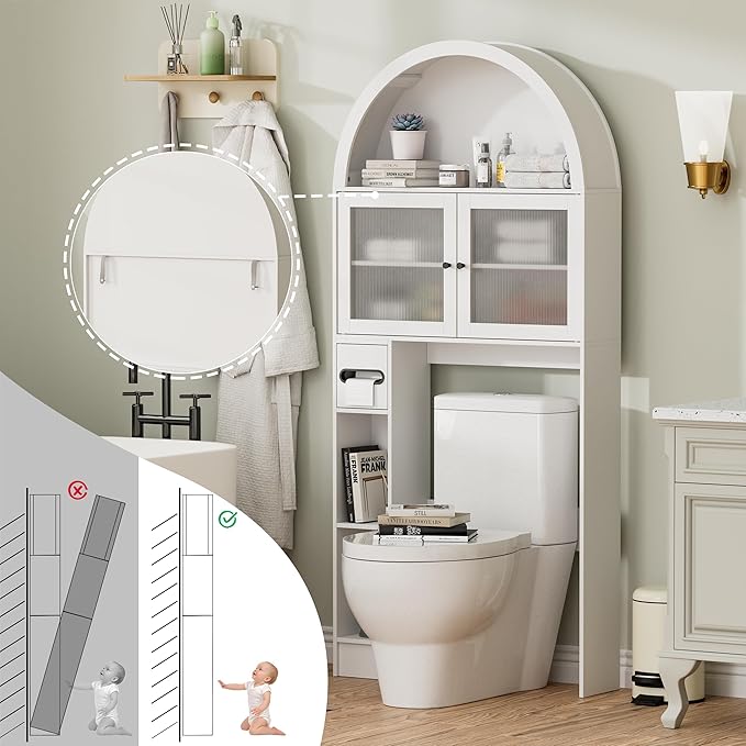 Over The Toilet Storage Cabinet, 31''W Arched Space-Saving Bathroom Organizer with Adjustable Shelf and Acrylic Doors, Freestanding Over Toilet Cabinet for Bathroom, Laundry, Restroom (White)