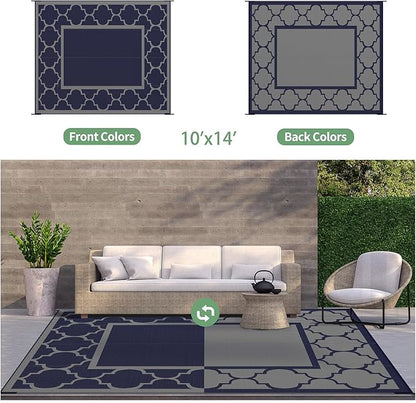 GENIMO 10 ' x 14 ' Outdoor Rug Waterproof for Patio Decor, Foldable Reversible Plastic Straw Area Rugs Mat for Camper, Outside Carpet for Rv, Deck, Porch, Picnic, Beach, Balcony, Blue & Grey
