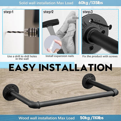 Industrial Pipe Clothes Rack Set of 2, 21” Heavy Duty Wall Mounted Clothing Rack Multi-Purpose Garment Bar, Space-Saving Hanging Rod for Laundry Room,Closet Storage