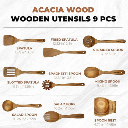 Acacia Wood Kitchen Utensil Set 9PC-Natural Wooden Cooking Tools for Nonstick Pans&Stir Frying,Scratch-Proof&Heat Resistant,Sturdy&Lightweight with Spoon Rest (Kitchen Utensil Set 9PC)