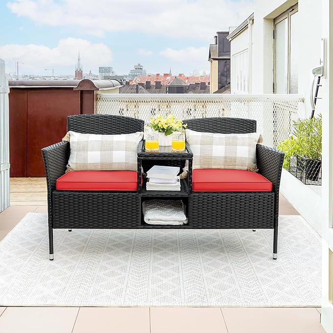 Flamaker Outdoor Furniture Patio Loveseat Wicker 2-Seat with Built-in Table and Cushions Rattan Porch Chairs Bench for Balcony, Lawn, Backyard (Red)