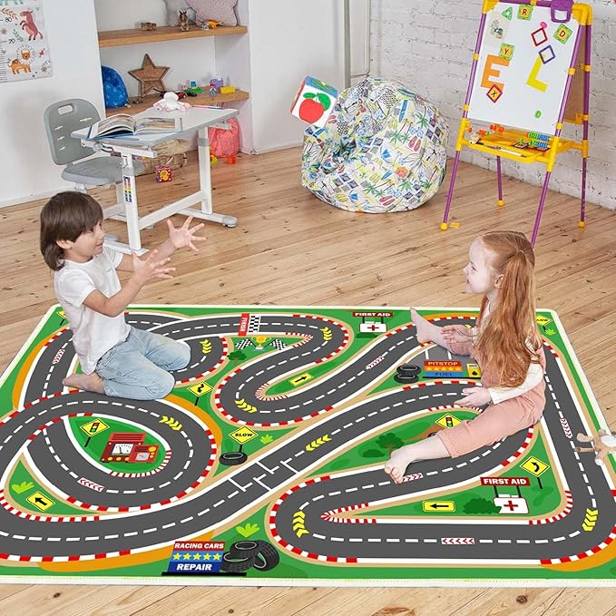 Kids Rug Play mat Playroom Rugs Car Rugs for Kids Toy Cars Race Track for Classroom Rug (Race-Green, 3.3x4.9ft)
