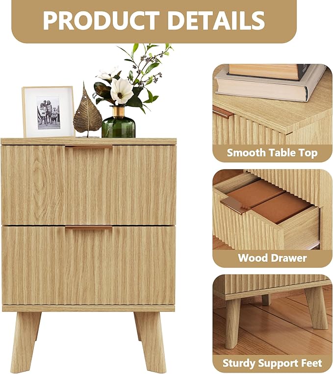 Fluted Nightstand, Mid Century Modern 2 Drawer Bedside Table for Bedroom, Small Dresser Night Stand Side End Table with Wood Fluted Drawer Storage for Bedroom Closet(Natural)