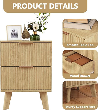 Fluted Nightstand, Mid Century Modern 2 Drawer Bedside Table for Bedroom, Small Dresser Night Stand Side End Table with Wood Fluted Drawer Storage for Bedroom Closet(Natural)