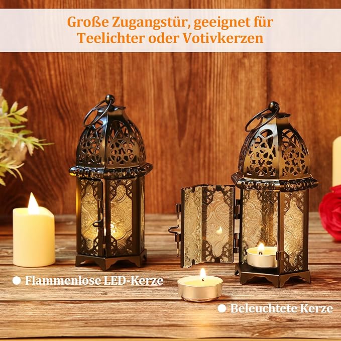 Metal Candle Holder 4PCS Transparent Glass Moroccan Style Hanging Lanterns Creative Wedding Home Tabletop Decoration Birdcage, Black