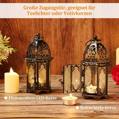 Metal Candle Holder 4PCS Transparent Glass Moroccan Style Hanging Lanterns Creative Wedding Home Tabletop Decoration Birdcage, Black
