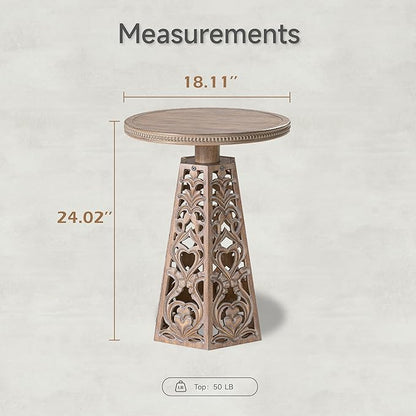 Rustic Farmhouse Wooden End Table, Distressed Round Accent Table with Intricate Carved Floral Patterns, Boho, for Living Room, Bedroom, or Entryway, Distressed Wood Color