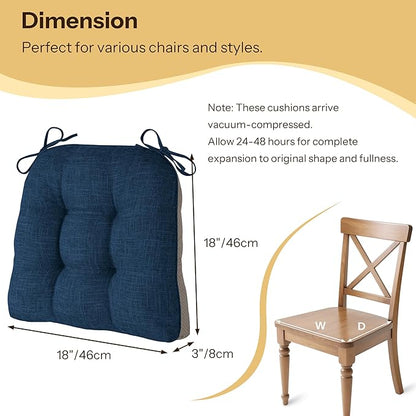 Non Slip Chair Cushions for Dining Chairs Set of 4 Kitchen Chair Cushions 18"x18"x3" Turfted Chair Pads Comfortable and Soft Seat Cushion with Ties, Navy