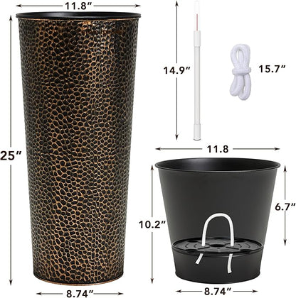 KOL 25" H. Metal Hand-Hammered Planters with Inner Pots 2-Pack, Bronze Decor Planter for Deck, Patio, Porch - Galvanized Steel Handcrafted Flower Pot - w/Water Level Indicator - Indoor Outdoor Use