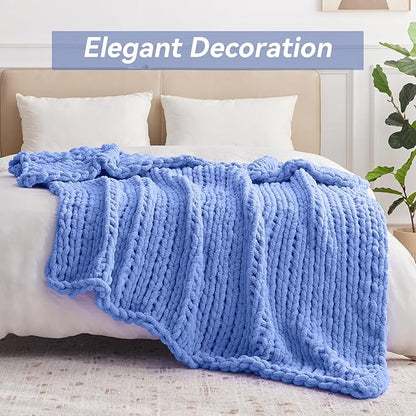 Chunky Knit Throw Blanket, 50''*60'' Knitted Throw Chenille Yarn for Bed Couch, Handmade Light Blue Crochet Big Thick Blanket, Machine Washable Cute Comfy Blanket for Home Decor