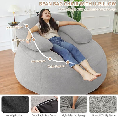 HABUTWAY Bean Bag Chair with U-Shaped Pillow for Adult and Kids Big BeanBag Chair with Filling Ultra Soft Teddy Fleece Couch Chair with Washable Cover for Living Room Bedroom, Light Grey & Light Grey
