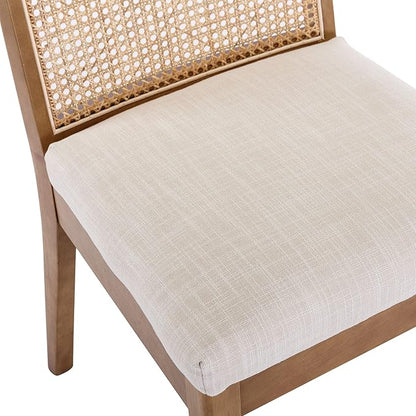 VESCASA Upholstered Dining Chairs with Square Rattan Back, Armless Padded Linen Cushion Dining Chairs with Wood Legs for Dining Room, Kitchen, Set of 2, Natural Frame