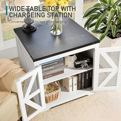 Farmhouse End Table Set of 2, 24" Large Sofa Side Table with Charging Station, Mesh Barn Door, White Nightstand with Adjustable Storage Shelf, Square Nightstand for Living Room, Bedroom