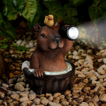 Capybara Solar Garden Statue – Funny Outdoor Resin Animal Decor with Flashlight & Duck – Waterproof Yard Lawn Ornament with LED Light – Solar Powered Figurine for Patio, Porch, Landscape