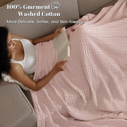 PHF 100% Cotton Waffle Weave Blanket Queen Size, Soft Lightweight Breathable Cozy Summer Blankets for Bed, Luxury Aesthetic Woven Bedding for Home Decor, 90"x90", Pink/Mauve