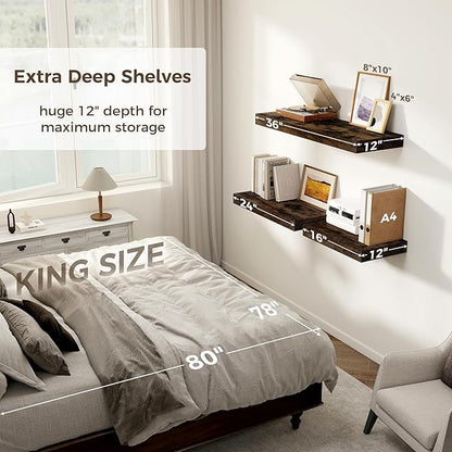 12 Inch Deep Floating Shelves, 16 x 12 Floating Shelf for Books, Rustic Wood Deep Wall Shelves for Home Storage & Display, 2" Thicked Shelves for Kitchen, Living Room, Bedroom, Rustic Brown, 2 Pack
