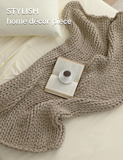 YnM Chunky Throw Blanket, Medium-Weight, Hand Knitted, Skin Friendly, Ventilated and Breathable, Machine Washable, Home Décor Piece for Couch, Sofa and Bed (Beige, 40x50 Inch)