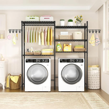 Ulif U5 Over the Washer and Dryer Storage Shelf, Laundry Room Space Saver Bathroom Storage and Organizer Rack for Hanging Towels and Drying Clothes with 5 Wire Shelves, 58.2"W x 13.4"D x 77.5"H, Black