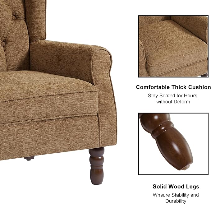 Accent Chair, Upholstered Armchair with Button Tufted High Back & Solid Wood Legs, Comfy Wingback Reading Single Sofa Chair for Small Spaces, Living Room, Bedroom (Brown, Set of 2)