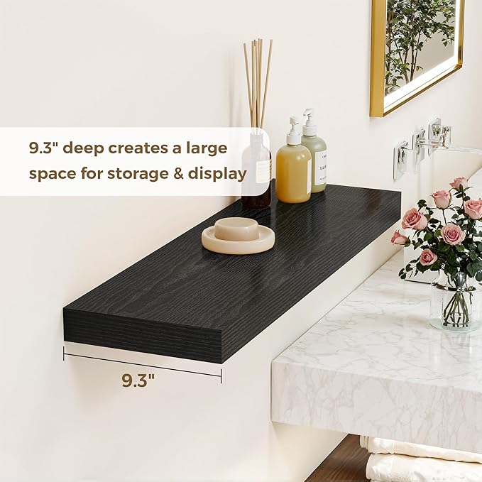 Dreamland 32 Inches Floating Shelves for Wall, 9.3" Deep Long Floating Shelves Set of 2, Large Display & Storage Shelf, Wall Shelf for Bathroom Bedroom Living Room Kitchen Office, Black