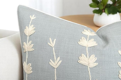 VAGMINE Hand Embroidered Daisy Accent Throw Pillow Cover - 20x20 Inches Square - 100% Cotton Robins Egg Decorative Cushion Cover for Couch, Sofa, Chair - Textured Embroidery - Boho Floral Home Décor