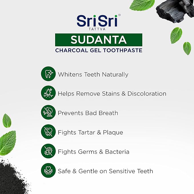 Sri Sri Tattva Sudanta Charcoal Toothpaste Gel – SLS, Fluoride Free Herbal Toothpaste with Neem & Ayurvedic Herbs – Natural Teeth Whitening, Fresh Breath, Oral & Gum Health – 100g Tube (Pack of 3)