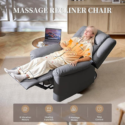 Recliner Chair with Massage & Heat, 8 Vibration Points, 5 Modes, 115-165° Reclining, Manual Recliner for Adults, Timer & Intensity Control, Faux Leather Massage Chair with Side Pocket for Living Room
