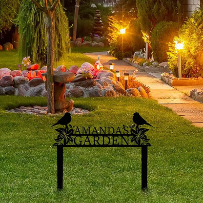 Personalized Metal Garden Name Sign with Flowers and Birds, Custom Yard Sign with Stake