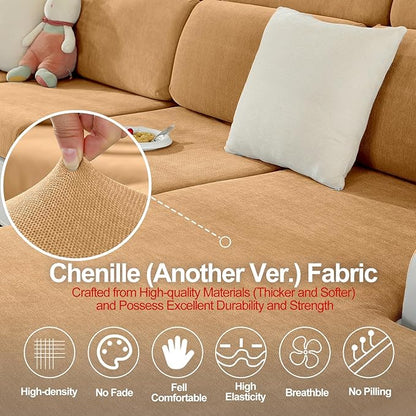 Couch Cushion Covers Individual Large Super Stretch Chenille (Softer Version) Sofa Cushion Covers, Armrest Cover Couch Slipcovers Furniture Protector (2PC, Khaki)