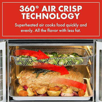 Emeril Lagasse 26QT French Door Multi-Function Air Fryer Toaster Oven | 26QT air fryer oven with French doors, 24 cooking functions, dual-speed fan and rotisserie for easy family meals.