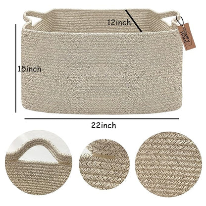 COMFY-HOMI Large Rectangular Blanket Basket, Woven Cotton Rope Baskets for Storage, Laundry Hamper Basket, Storage Bin,Toy Organizing Bin with Handle, Organization and Storage-22x15x12”-Brown