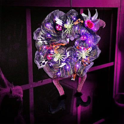 Lulu Home Halloween Front Door Wreath, Purple LED Lighted Witch Hat Wreath, Battery Operated, NOT PRELIT