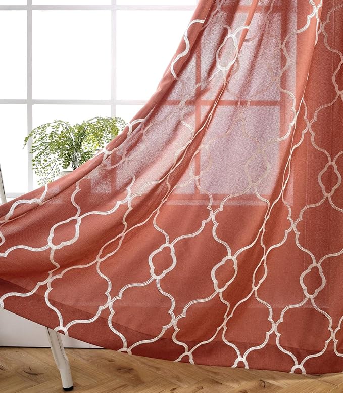 MIUCO Moroccan Embroidered Semi Sheer Curtains Faux Linen Grommet Window Curtains for Girls Room 52 x 63 Inch 2 Panels, Rust