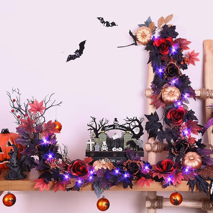 SHareconn 9FT Halloween Garland with Purple Lights Battery Operated and Timer, Pre-Lit Black Red Maple Leaves Lighted Garland Decorations for Fireplace Mantle Centerpiece Indoor Outdoor Decor, 9 FT