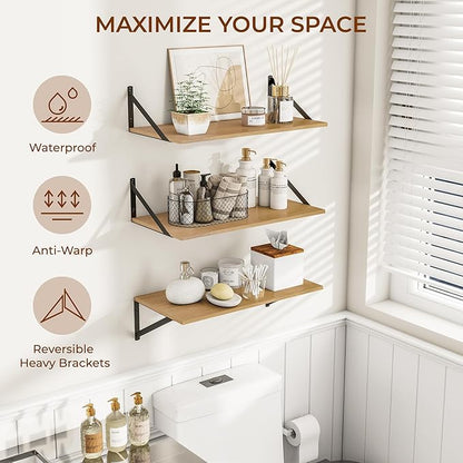 Heimlove 24" W x 12" D Wall Shelves for Books, 12 Inch Deep Floating Shelves Set of 3, Wide Floating Bookshelf with Metal Bracket for Living Room, Kitchen, Office, Bedroom and Decor Storage - Oak