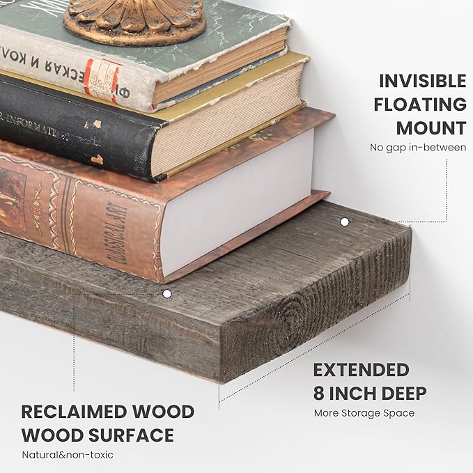 Floating Shelves Reclaimed Barnwood, 8" Deep Solid Wood Floating Shelf Wall Hanging Shelves with Invisible Heavy-Duty Metal Bracket | Wall Mounted | Farmhouse Style | 40 inches,2PCS,Grey