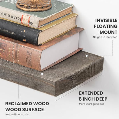 Floating Shelves, 8 Inch Deep Rustic Solid Reclaimed Wood Wall Shelves for Storage, Wall Mounted Display Shelving with Invisible Heavy-Duty Metal Bracket, 30 Inch Width Set of 2, Grey