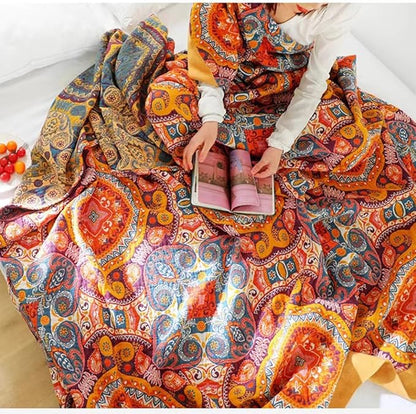 Boho Muslin Blanket for Adults 4-Layer Gauze 80 x 90 Inches Soft Cozy 100% Cotton Summer Cooling Blanket Geometric Floral Decor for Sofa Bed Coverlet Both Sides (A Boho Figure Orange, 80 x 90 in)