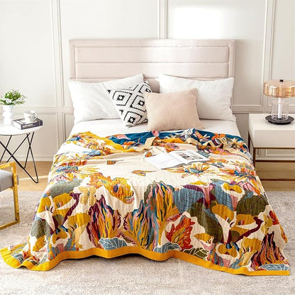 MSGKV Boho Throw Blanket 60''x80'',100% Cotton Blankets for Couch Bed,Cotton Quilt Travel Muslin Blankets Farmhouse Home Decor Soft Lightweight Picnic Blanket