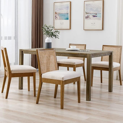 VESCASA Upholstered Dining Chairs with Square Rattan Back, Armless Padded Linen Cushion Dining Chairs with Wood Legs for Dining Room, Kitchen, Set of 6, Natural Frame