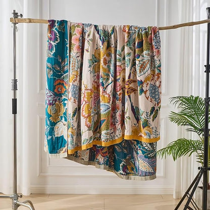 Ultra Soft Lightweight Cotton Quilts,Cozy Summer Boho Throw Blankets,Lightweight Reversible Muslin Blanket Decor Blankets for Armchair Travel, 80"x90" Large Muslin Mexican Throw Blanket
