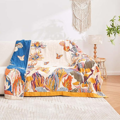 Boho Throw Blanket, 100% Cotton Ultra Soft Luxury Throw Rustic Quilt, 50"x60" Floral Bird Butterfly Farmhouse Decor Bed Blankets, All Season Rustic Reversible Bohemian Throw for Bed - Yellow