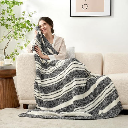 Snuggle Sac Queen Size Bed Blanket Stripe Black, Super Soft Warm Bedding Blankets Cozy Knit Fuzzy Plush Blankets for Bed, Living Room, Stripe Black, Queen 90"x90"