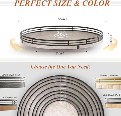 12" Farmhouse Lazy Susan for Kitchen & Coffee Table Decor – Rustic Wood Tray with Black Metal Frame, Decorative Centerpiece for Dining Room, Ottoman, Living Room, Serving or Vanity Use
