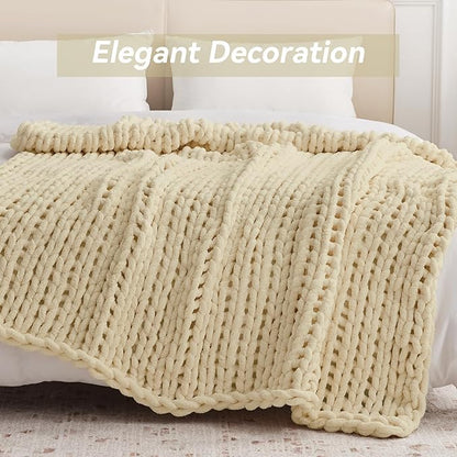 Chunky Knit Throw Blanket, 40''*50'' Knitted Throw Chenille Yarn for Bed Couch, Handmade Oatmeal Crochet Big Thick Blanket, Machine Washable Cute Comfy Blanket for Home Decor