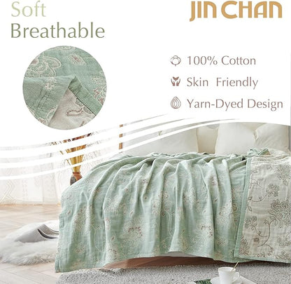 jinchan Boho 100% Cotton Muslin Twin Size 60x80 Inches Blanket Lightweight 4-Layer Quilted Soft Green and Beige Floral Throw Blanket Reversible Comfy Flower Breathable All Seasons Couch Bedroom Decor