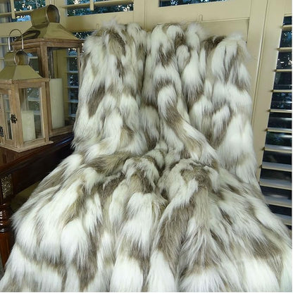 Ivory Beige Luxury Faux Fur Throw Blanket - Tibet Fox Fur - 96W x 110L Bedspread